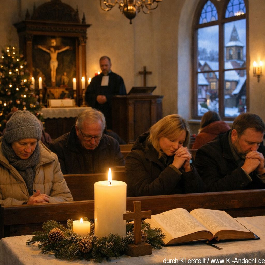 Winterliche Andacht in Kirche, Sora, prompted by ChatGPT