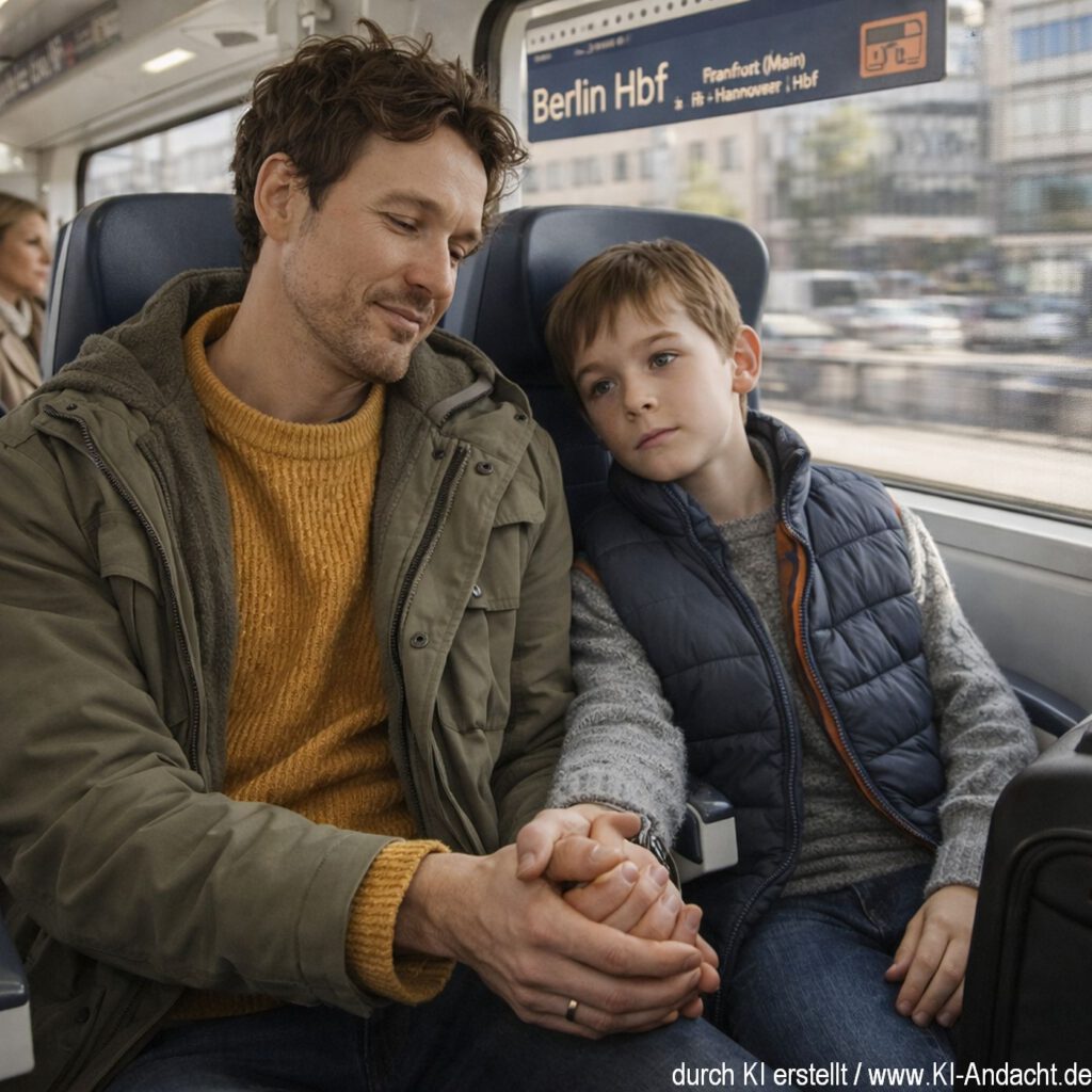Vater und Sohn auf Bahnreise, Sora, prompted by ChatGPT