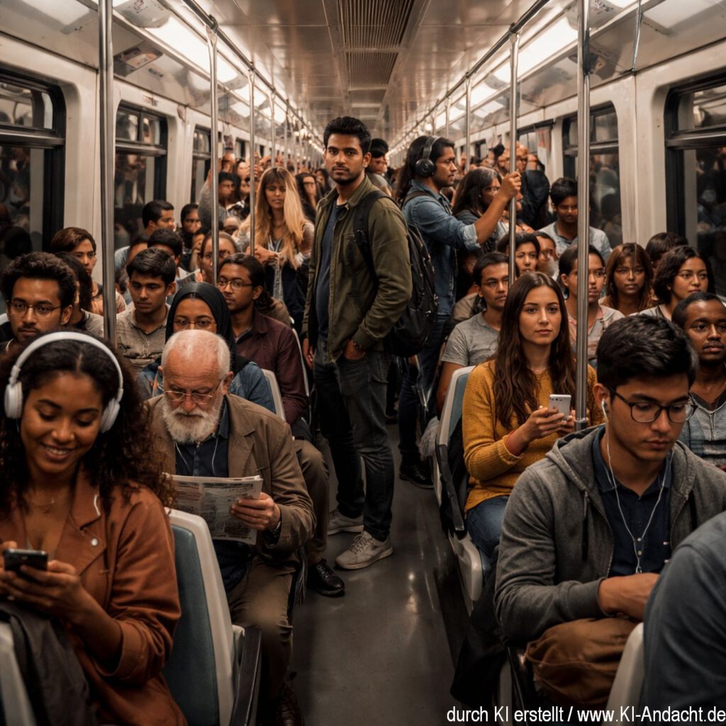Gemeinsam in der U-Bahn kommen ganz verschiedene Menschen schnell voran, Sora, prompted by ChatGPT