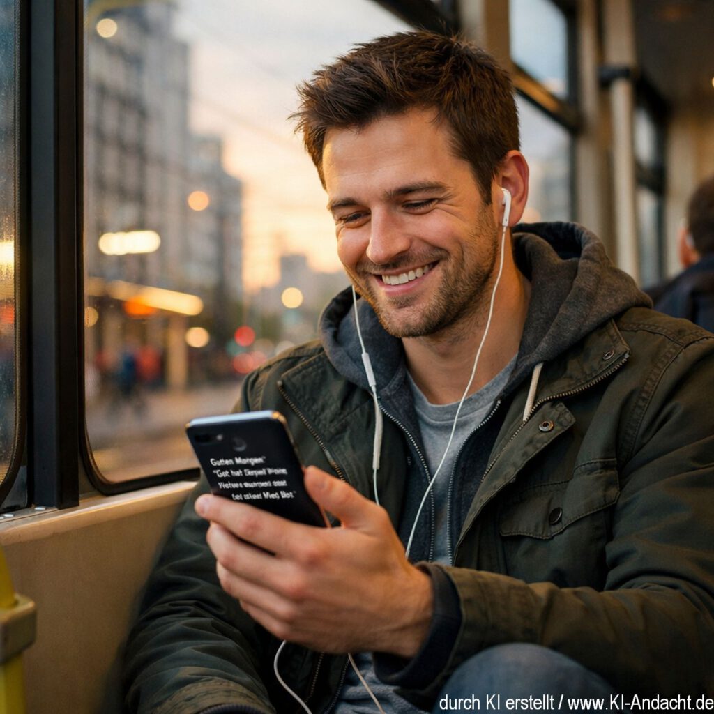 Die Andacht sogar in der Straßenbahn hören können, Sora, prompted by ChatGPT