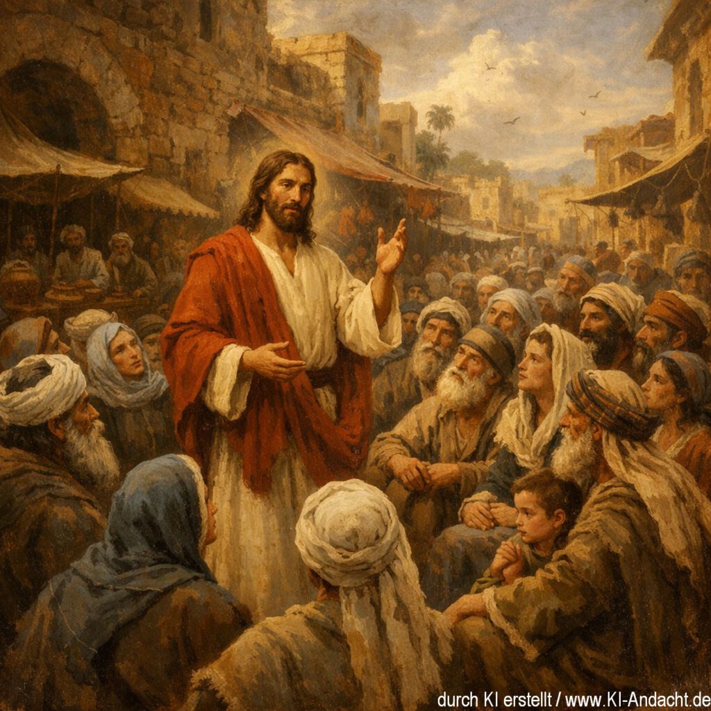 Jesus predigte an ganz unterschiedlichen Orten zu ganz unterschiedlichen Menschen, Sora, prompted by ChatGPT