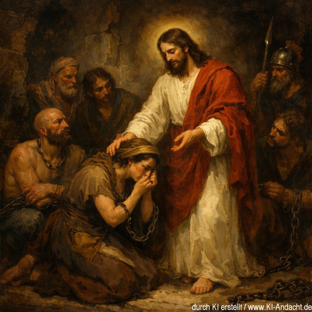 Jesus spricht und betet mit einem Gefangenen, Sora, prompted by ChatGPT