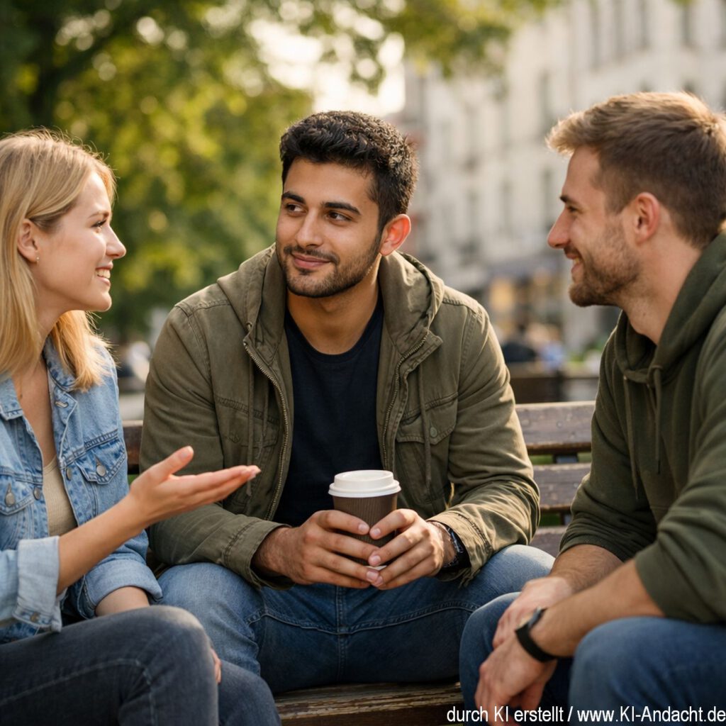 Christen mit einem Moslem im Gespräch, Sora, prompted by ChatGPT