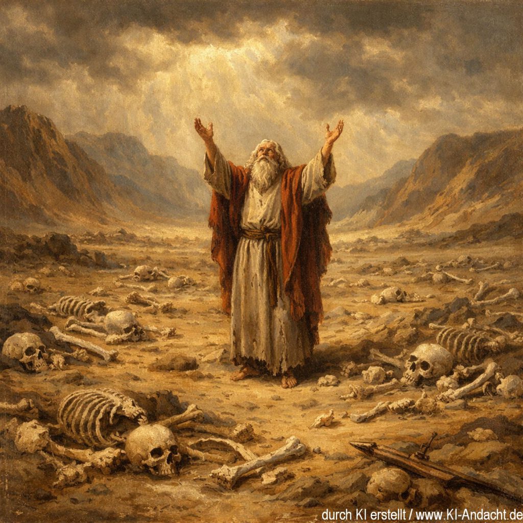 Ezechiel hört in Mitten einer toten Landschaft Gott, Sora, prompted by ChatGPT