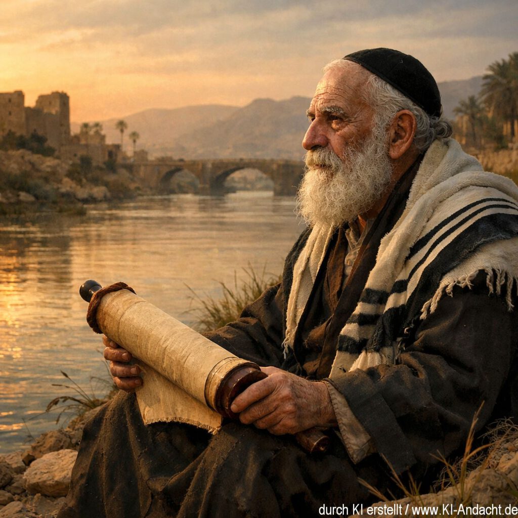 Ein Mann mit Schriftrolle sitzt nachdenklich am Fluss, Sora, prompted by ChatGPT