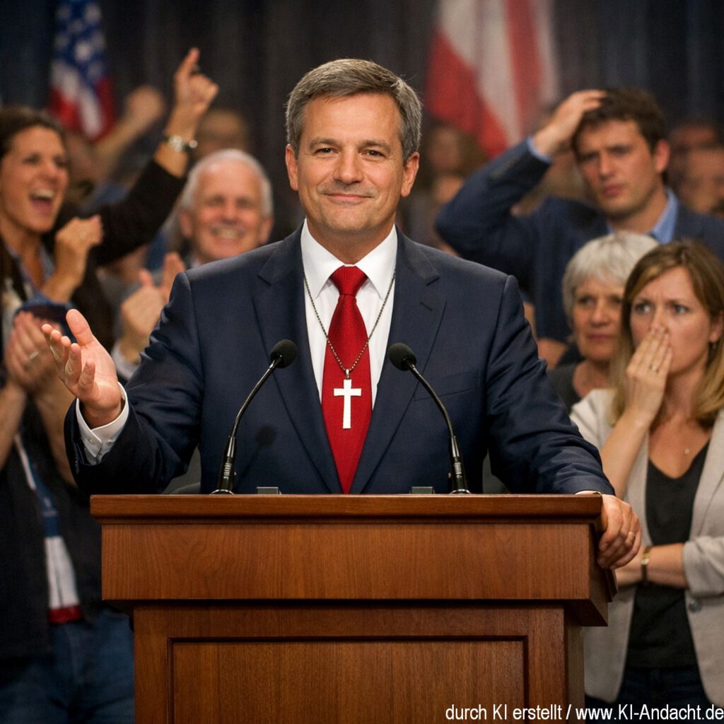 Christliche Symbolik, um sich selbst seriös erscheinen zu lassen, Sora, prompted by ChatGPT