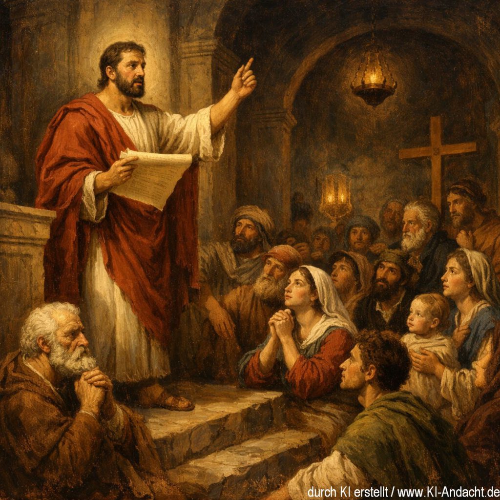 Titus predigt in einer Gemeinde, Sora, prompted by ChatGPT