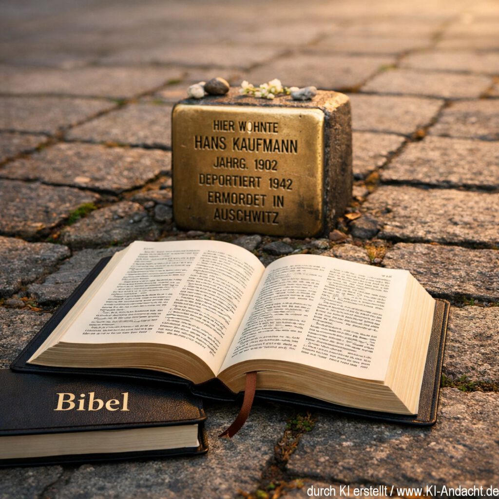 Bibel aufgeschlagen vor einem Stolperstein, Sora, prompted by ChatGPT
