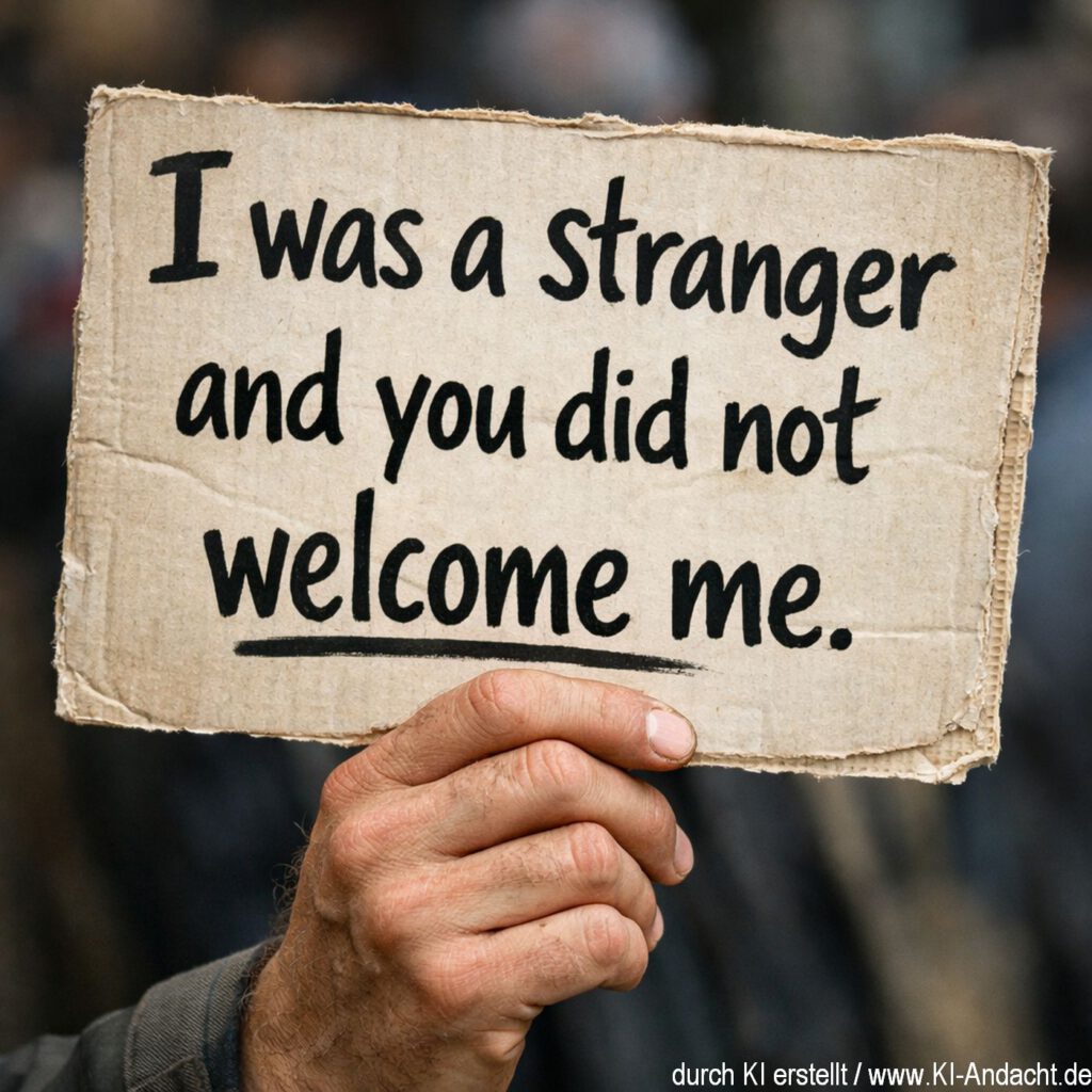Ich war ein Fremder und du hast mich nicht willkommen geheißen, Sora, prompted by ChatGPT