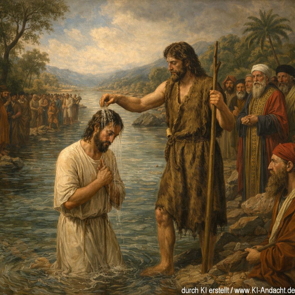 Johannes tauft Jesu: "Siehe, das ist Gottes Lamm, das der Welt Sünde trägt", Sora, prompted by Michael Voß