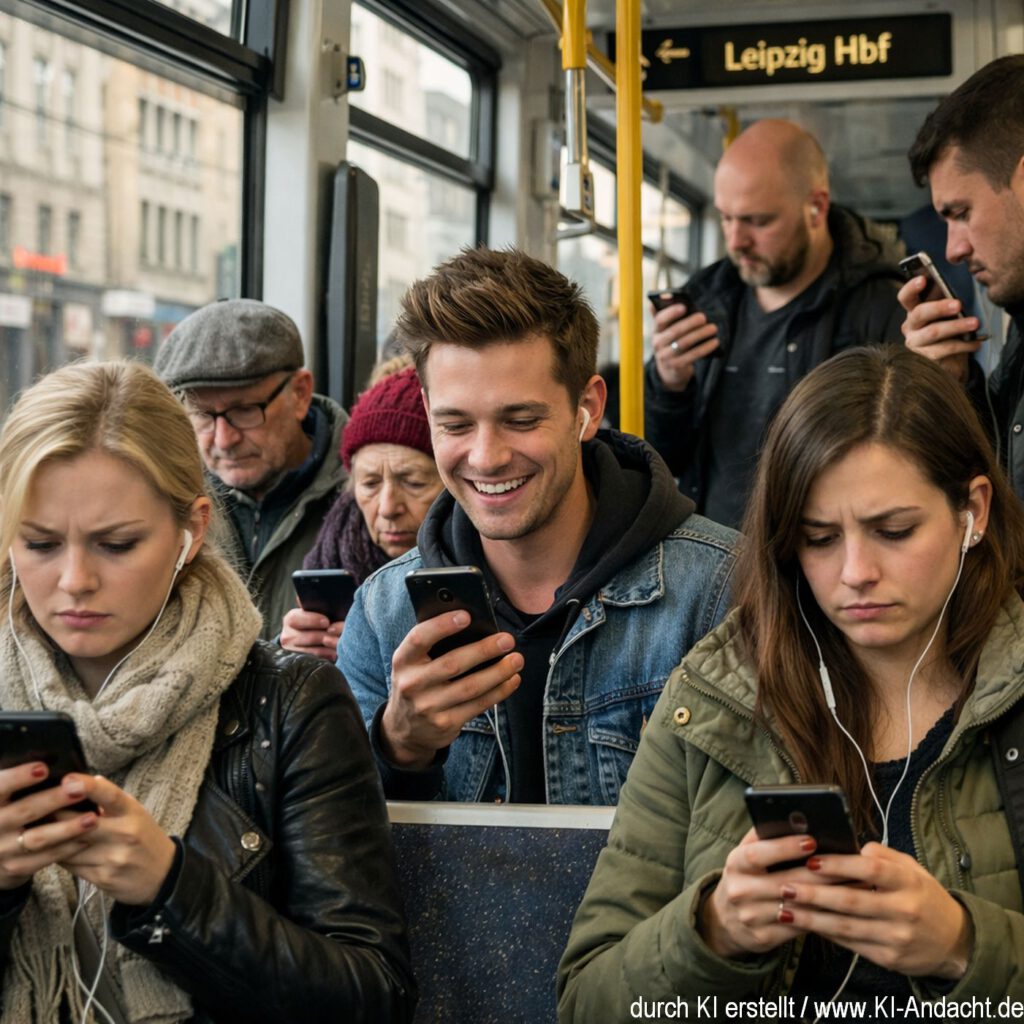 Handylesen in der Straßenbahn, Sora, prompted by ChatGPT