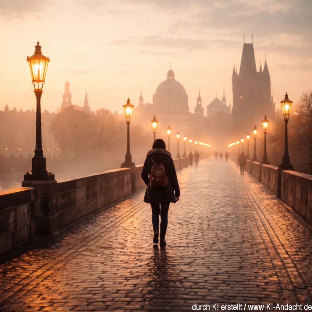 Im frühen Morgenlicht auf einer Brücke, Sora, prompted by ChatGPT