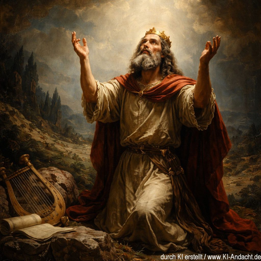 König David betend mit erhobenen Händen, Sora, prompted by ChatGPT