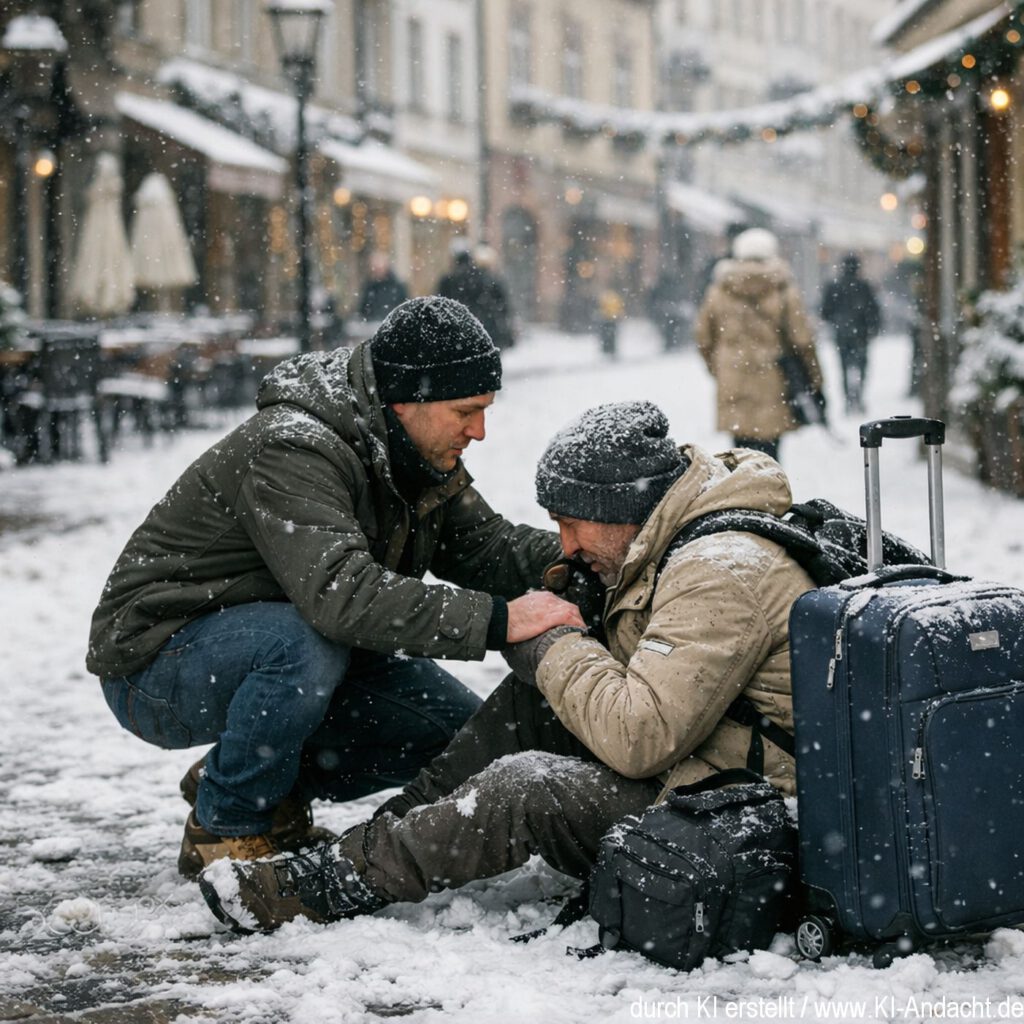 Hilfe für einen erschöpften Reisenden, Sora, prompted by ChatGPT