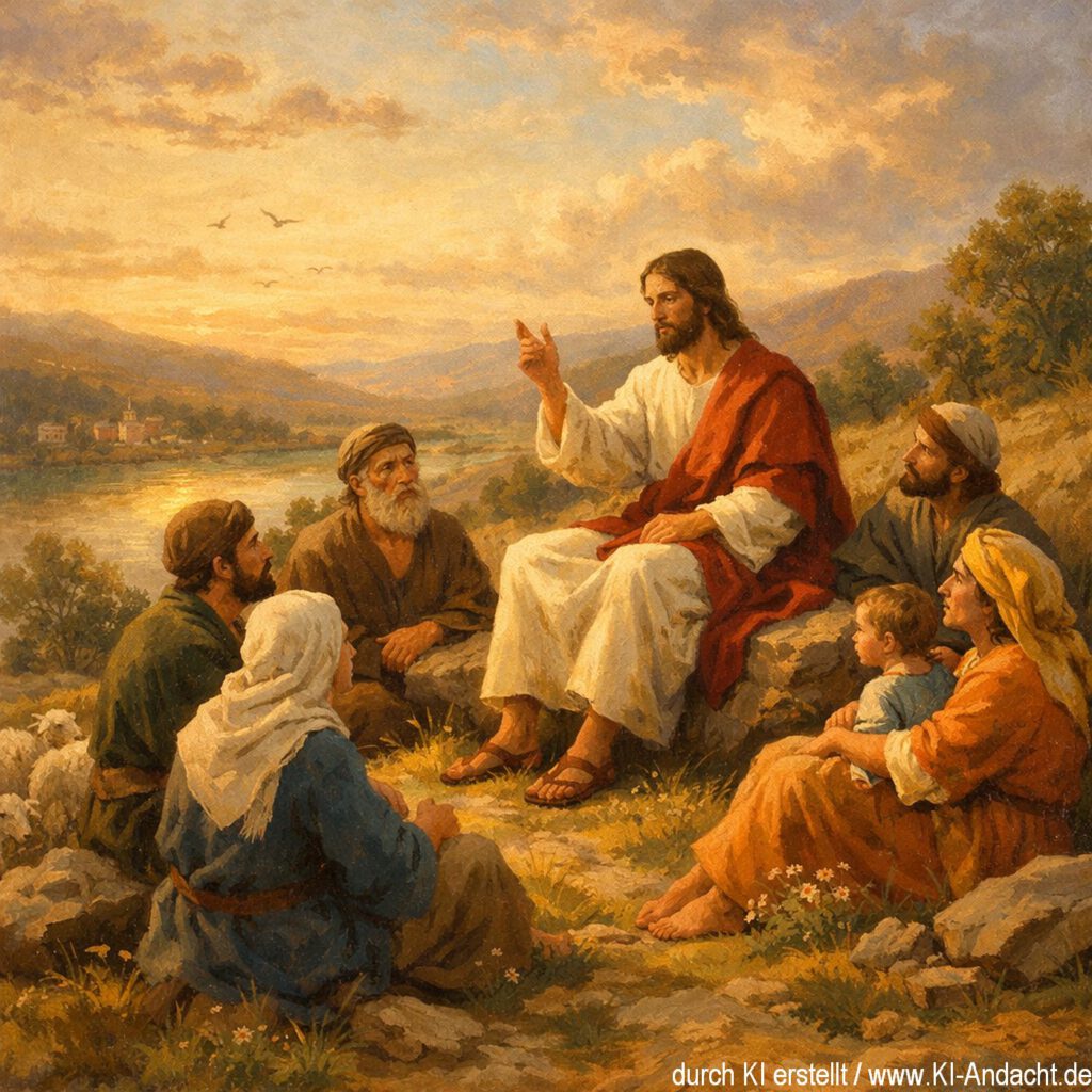 Jesus predigt Liebe statt Hass, Sora, prompted by ChatGPT