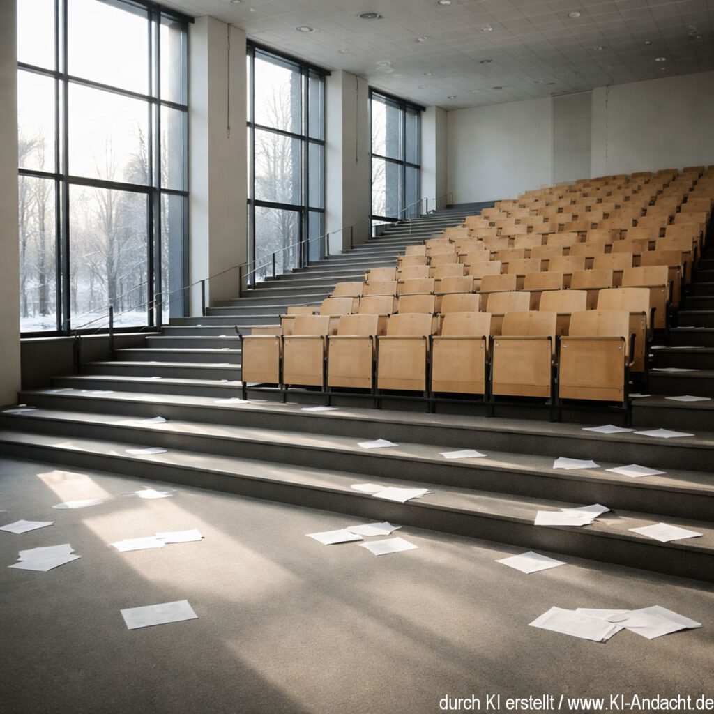 Leere Aula einer deutschen Universität_mit Flugblättern, Sora, prompted by ChatGPT