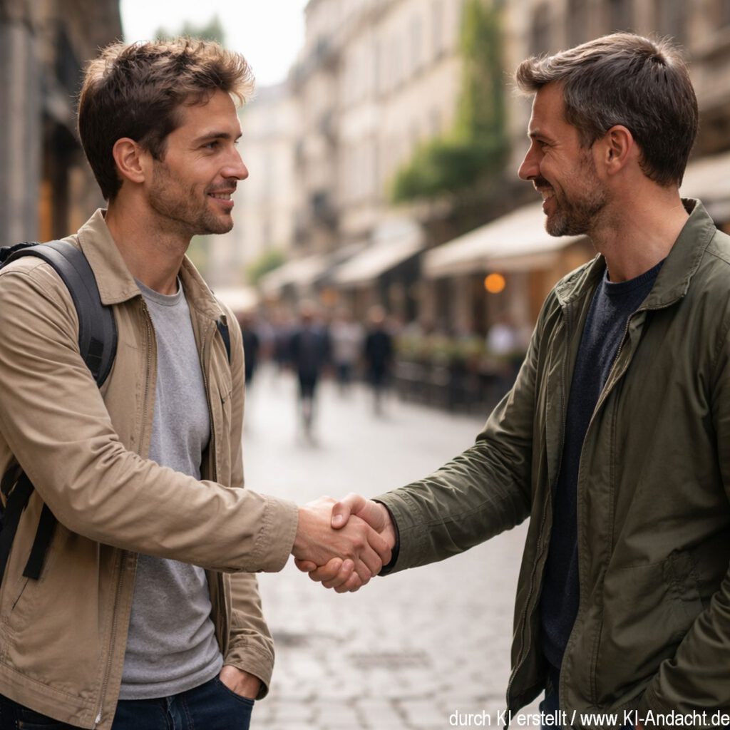 Zwei Menschen, die sich nach langer Diskussion die Hand reichen , Sora, promptd by ChatGPT
