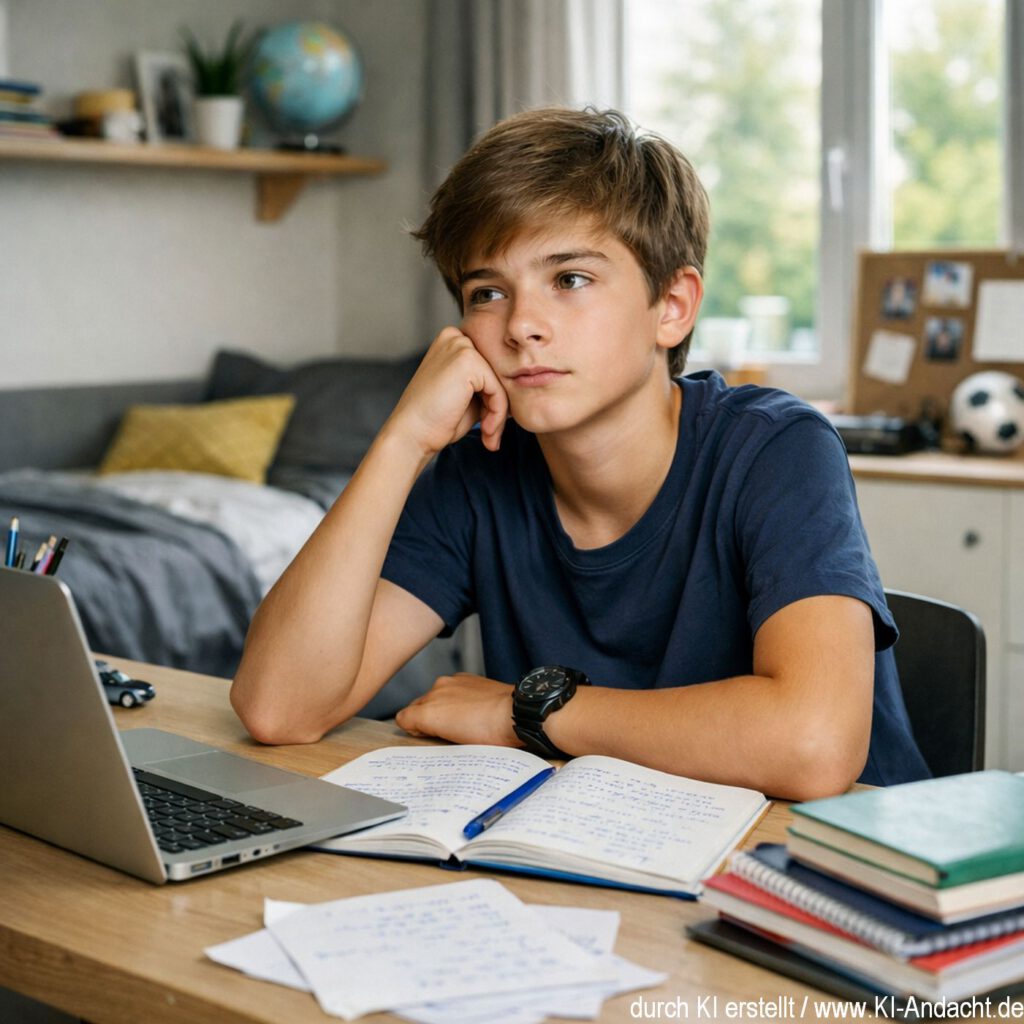 Nachdenklicher Schüler an einem Schreibtisch, Sora, prompted by ChatGPT