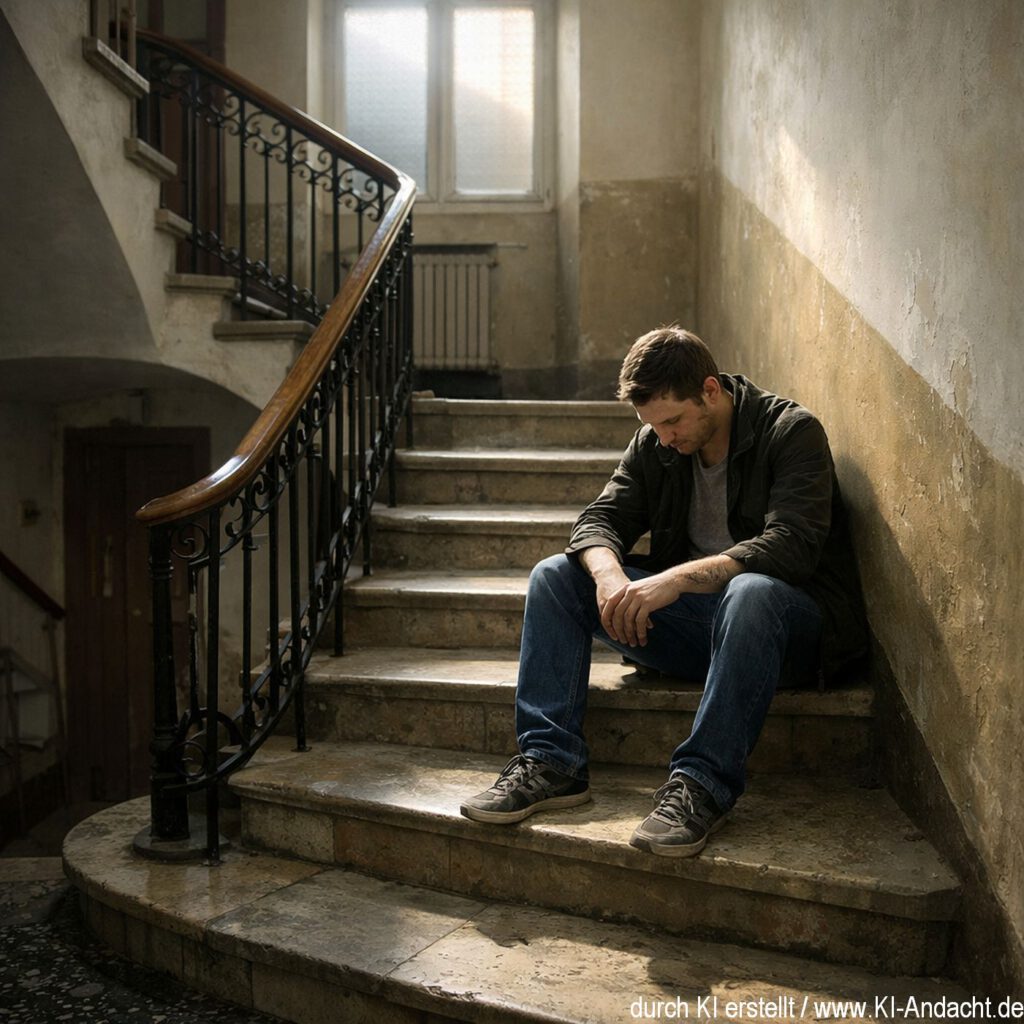 Gott setzt sich auch auf der Treppe neben dich, wenn du ihn ansprichst, Sora, prompted by ChatGPT