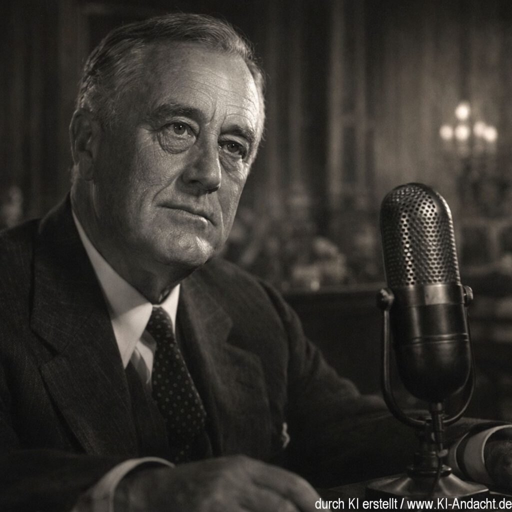 Franklin D. Roosevelt vor dem Radiomikrofon, Sora, prompted by ChatGPT