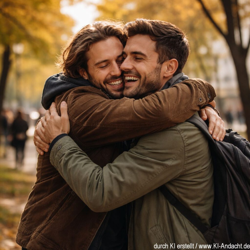 Zwei ehemalige Freunde umarmen sich nach langer Zeit, Sora, prompted by ChatGPT