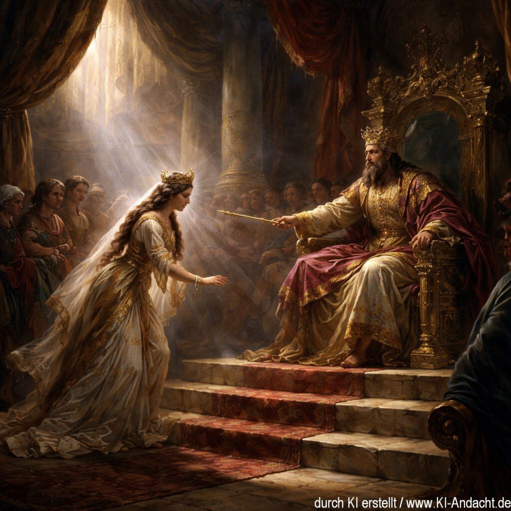 Esther vor dem Königsthron, Sora, prompted by ChatGPT