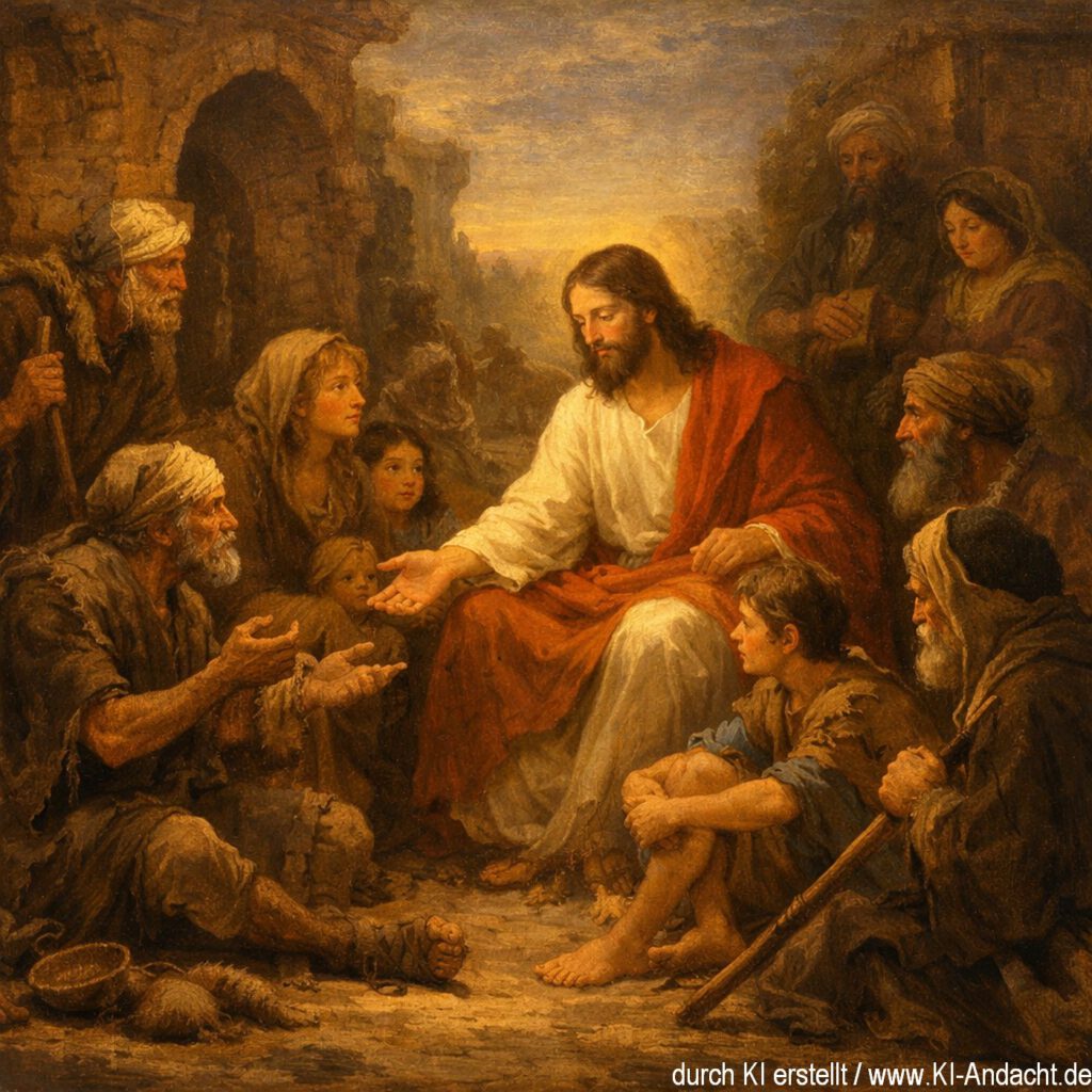 Jesus spricht mit ausgegrenzten Menschen, Sora, prompted by ChatGPT