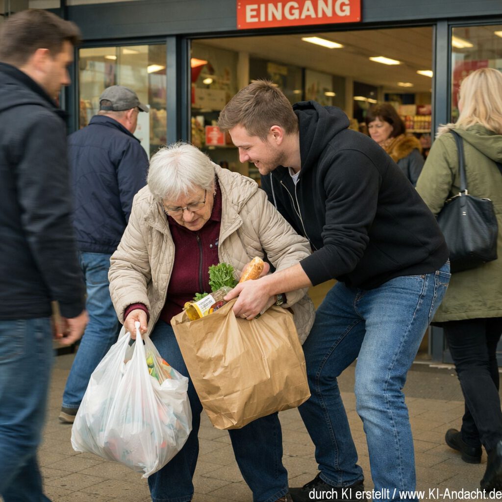 Hilfe vor dem Supermarkt, Sora, prompted by ChatGPT