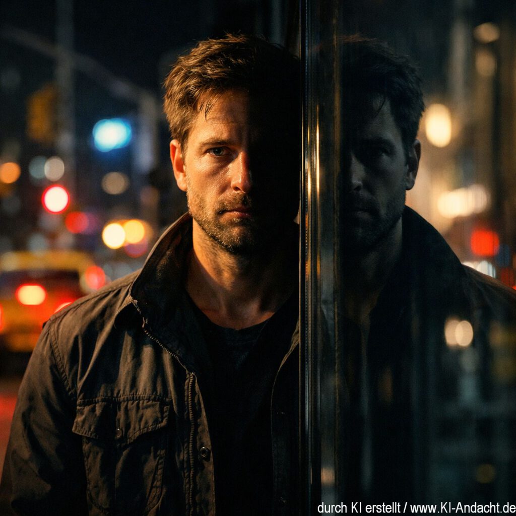 Nachts vor einer spiegelnden Schaufensterscheibe, Sora, prompted by ChatGPT