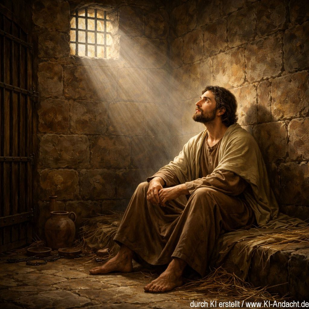 Josef in der Gerfängniszelle, Sora, prompted by ChatGPT