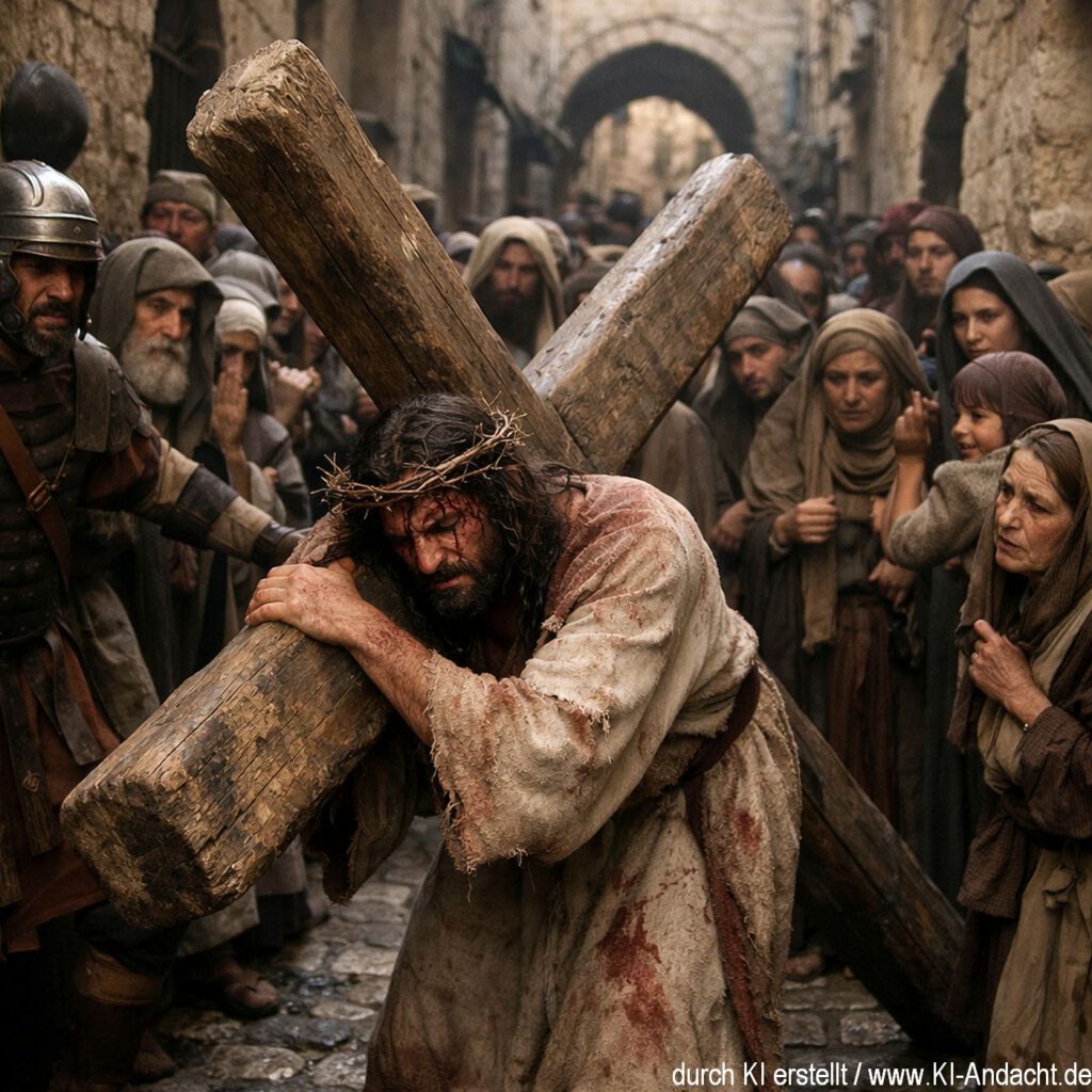 Jesus trägt sein Kreuz durch Jerusalem, Sora, prompted by ChatGPT