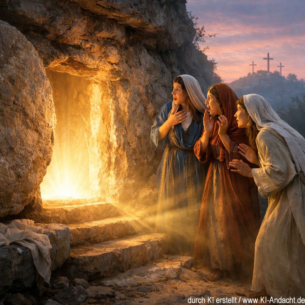 Maria Magdalena und Johanna und Maria, des Jakobus Mutter, am leeren Grab, Sora, prompted by ChatGPT