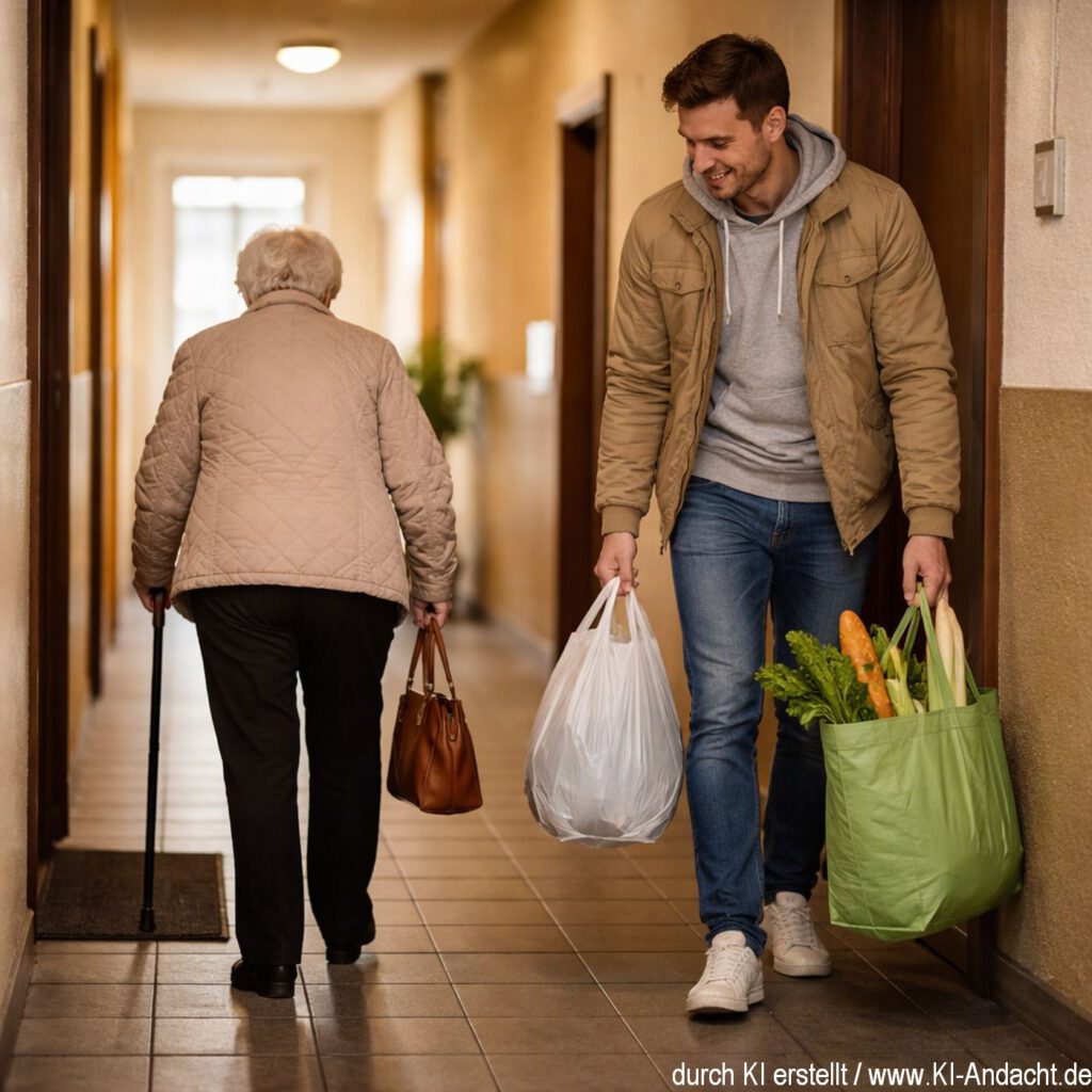 Der Einkauf der älteren Nachbarin wird still hinterhergetragen, prompted by ChatGPT