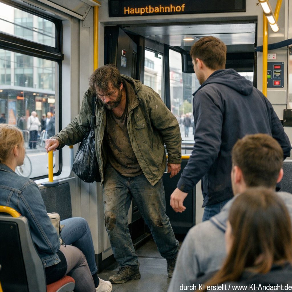 Betrunken und hilflos in der Straßenbahn, Sora, prompted by ChatGPT