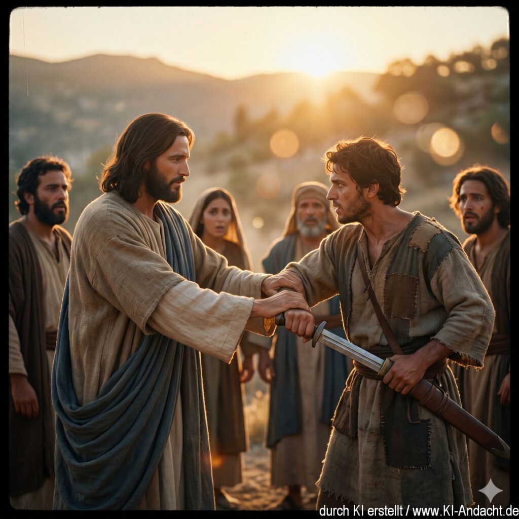 Jesus ist gegen den Einsatz von Waffen, Gemini, prompted by ChatGPT