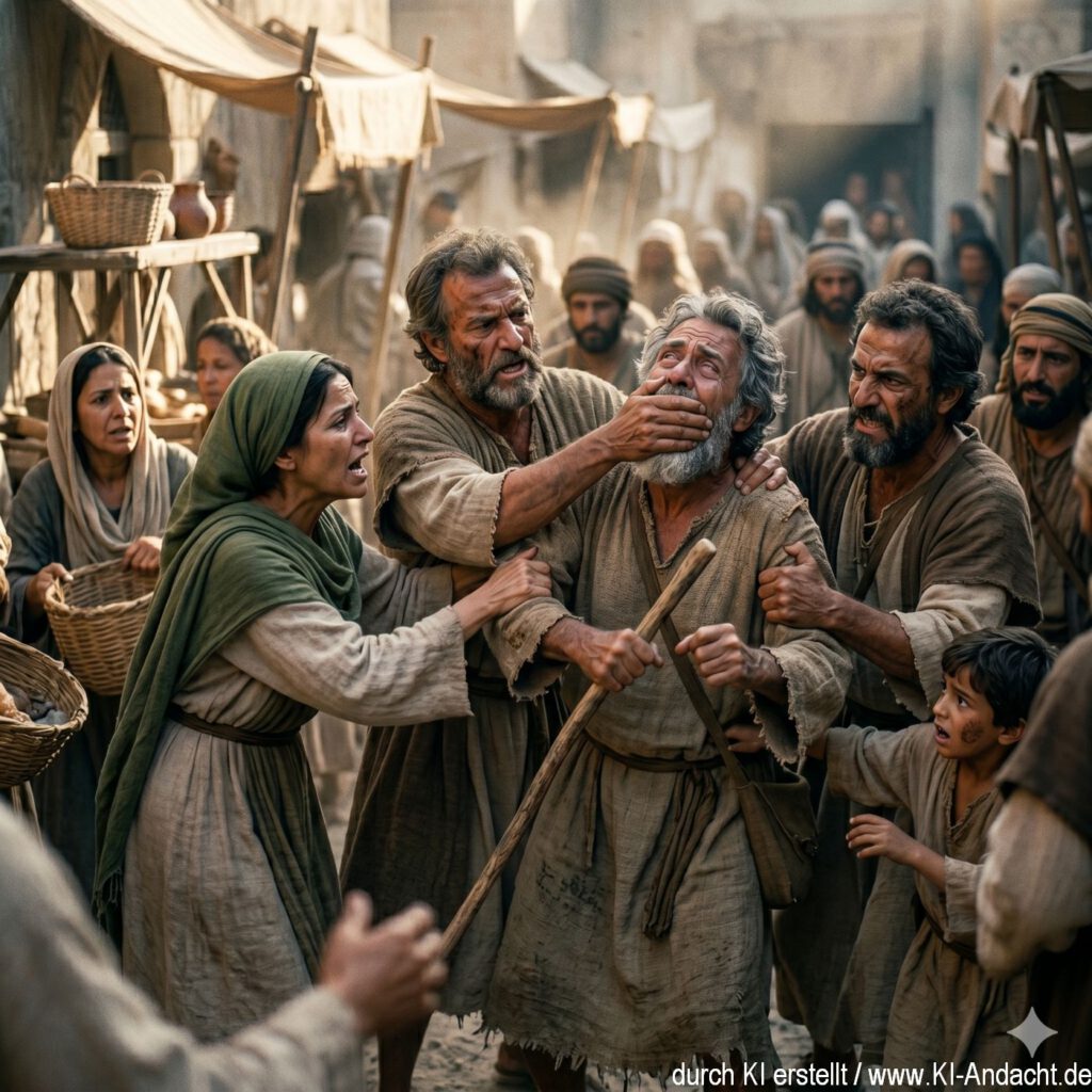 Passanten wollen den Blinden zur Ruhe bringen, Gemini, prompted by ChatGPT