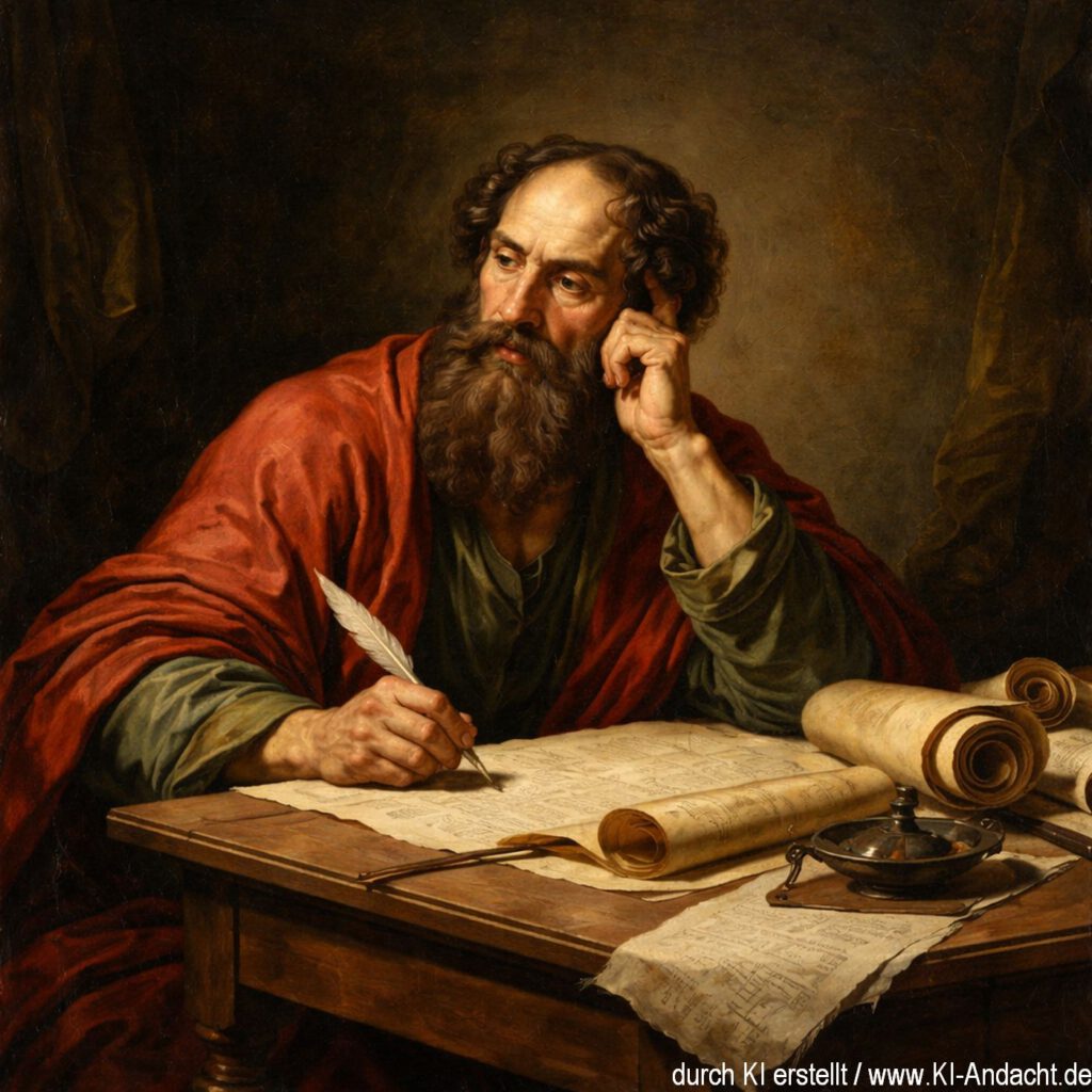 Paulus schreibt nachdenklich seinen Text, Sora, prompted by Michael Voß