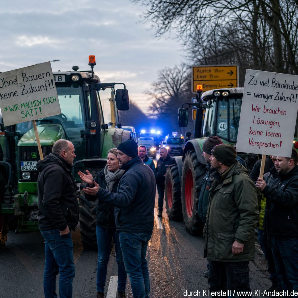 Bauernprotest auf blockierter Straße, ChatGPT