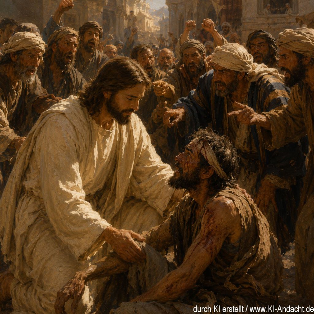 Jesus' Barmherzigkeit im Chaos der Menge, ChatGPT