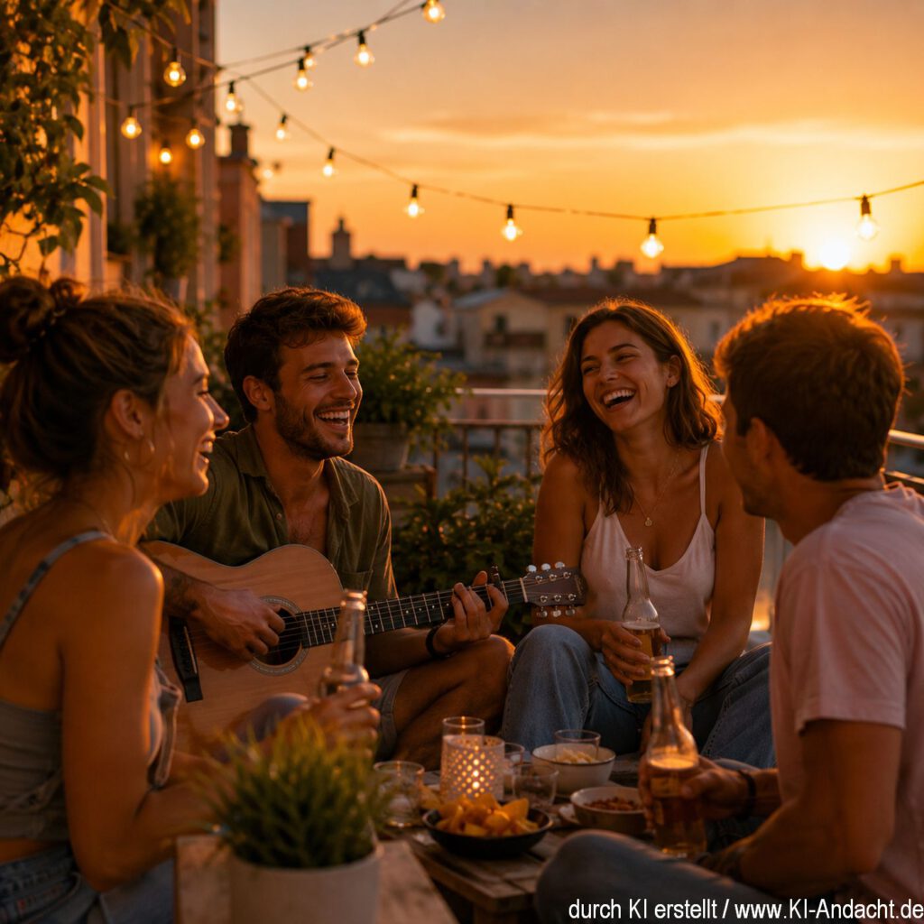 Gemütliche Dachparty bei Sonnenuntergang, ChatGPT