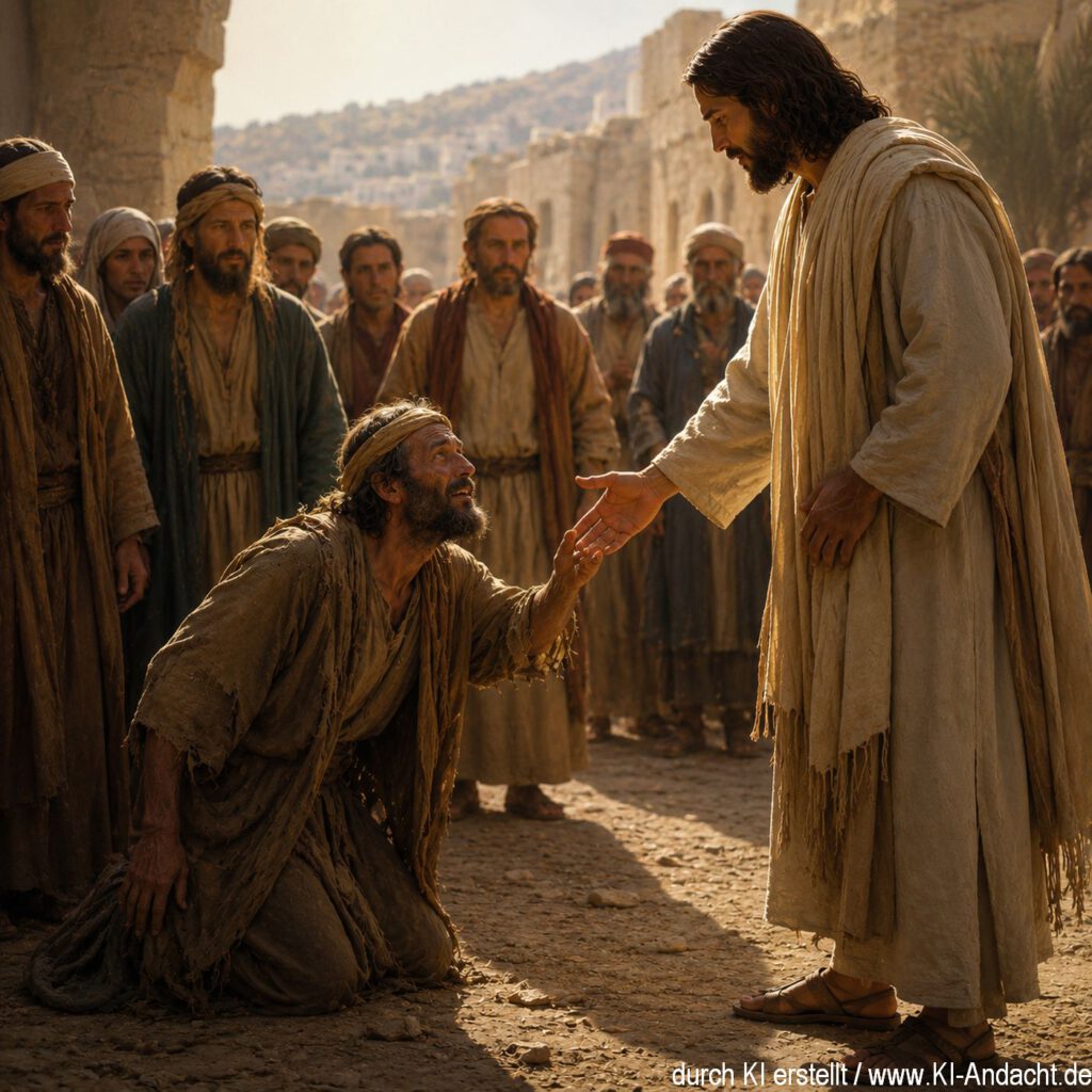 Bartimäus erhebt sich voller Hoffnung, während Jesus ihm die Hand entgegenstreckt, ChatGPT