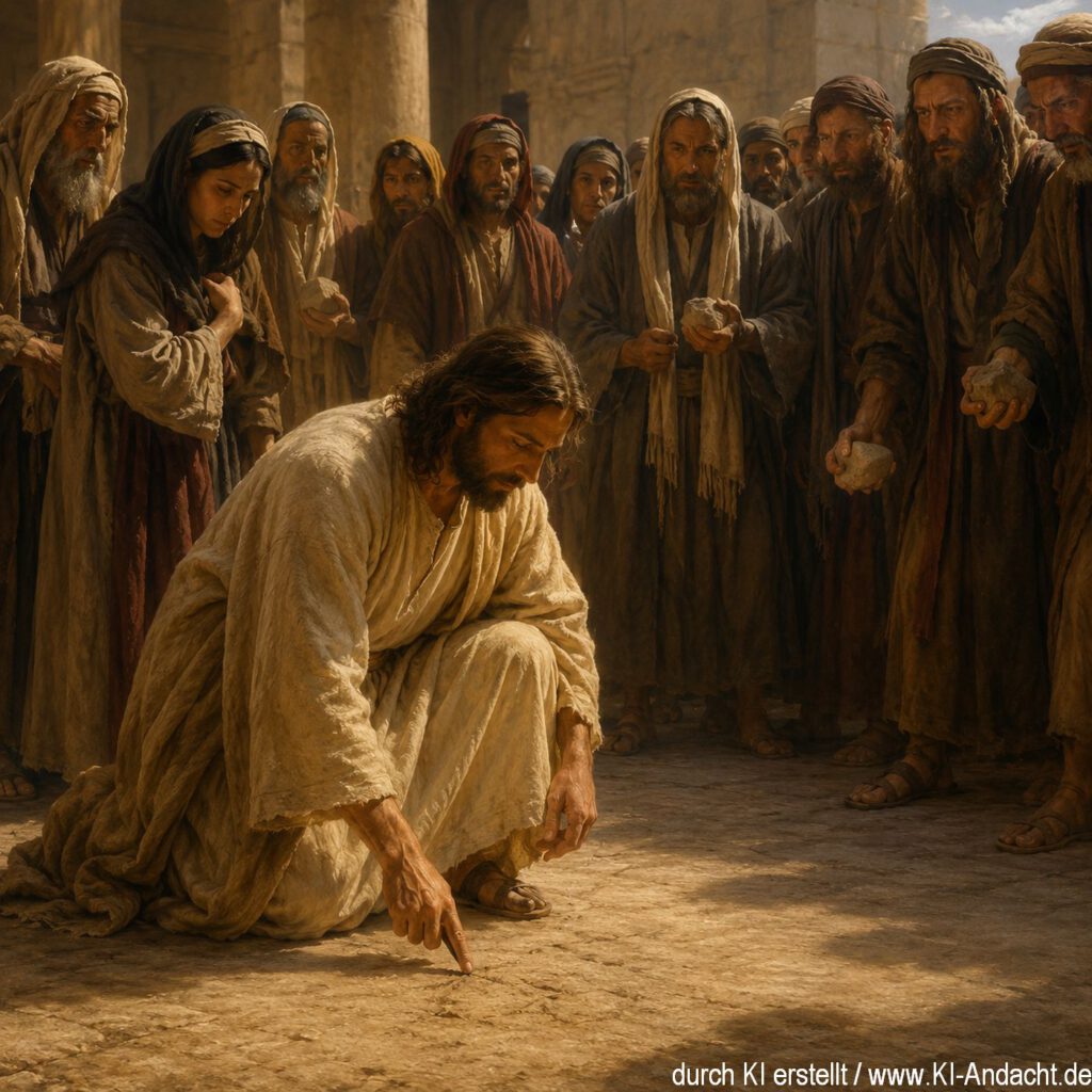 Jesus kniet im Tempel und schreibt auf den Boden, ChatGPT