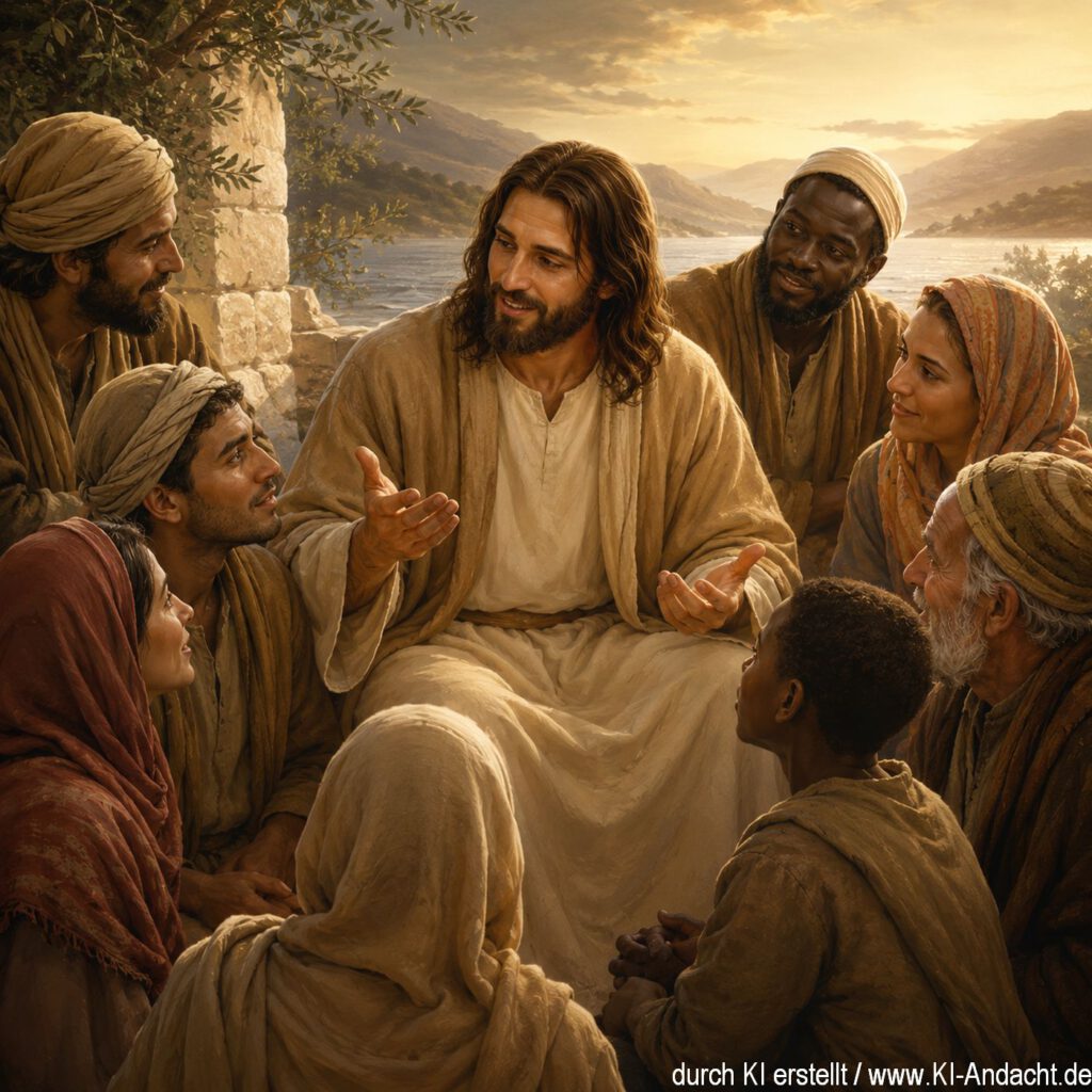 Jesus spricht friedlich mit Menschen verschiedener Herkunft, ChatGPT