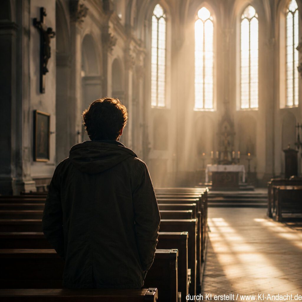 Eine Person steht nachdenklich in einer leeren Kirche, ChatGPT