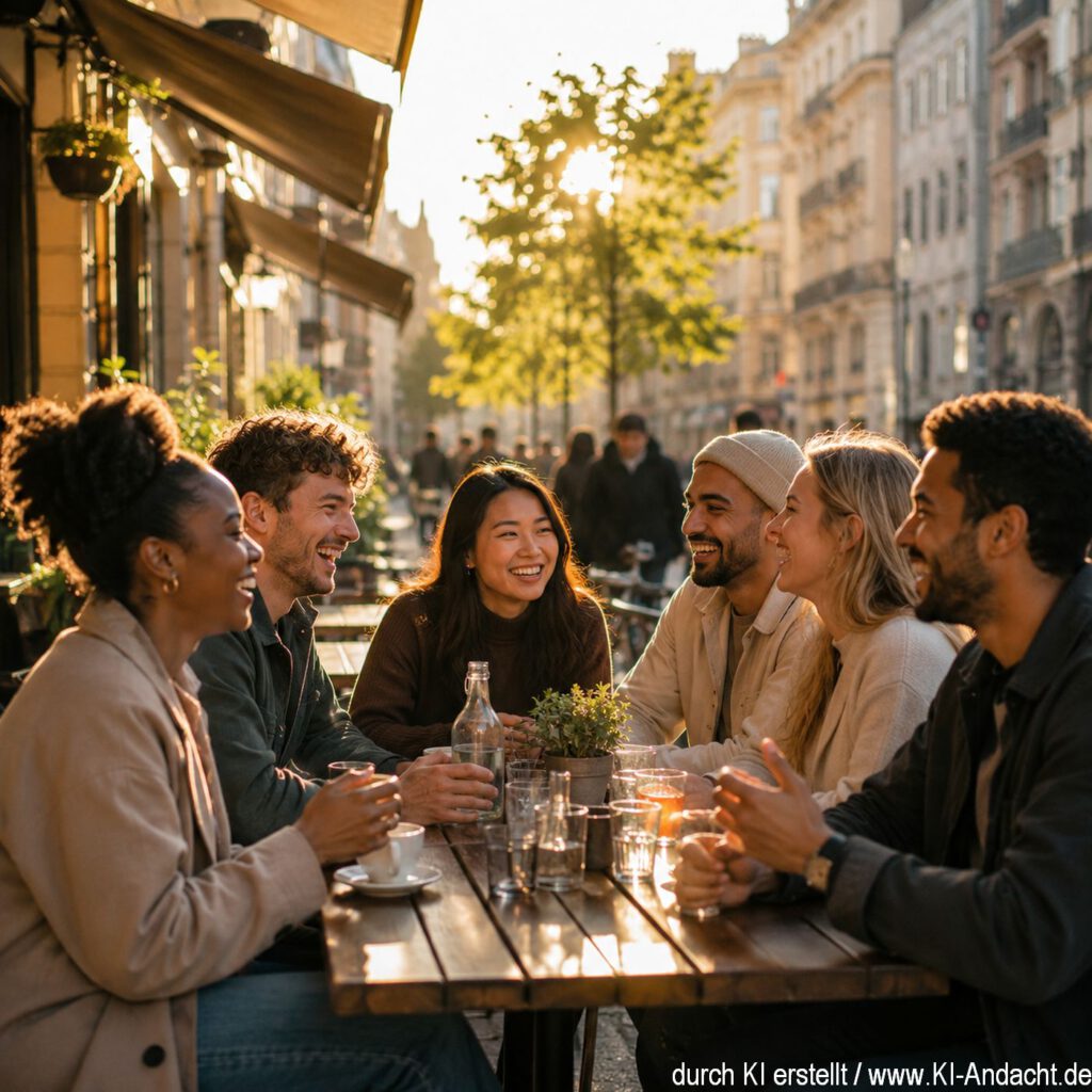 Mehrere Menschen unterschiedlicher Herkunft sitzen gemeinsam lachend in einem Café, ChatGPT