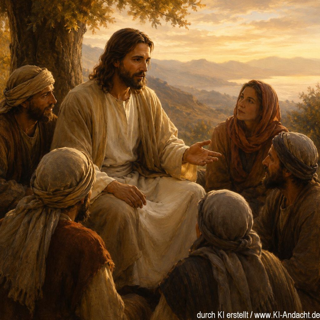Jesus sitzt ruhig mit Menschen zusammen und spricht ihnen Frieden zu, ChatGPT