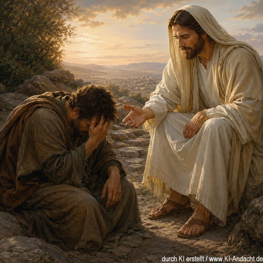 Jesus, wie er einem belasteten Menschen die Hand reicht, ChatGPT