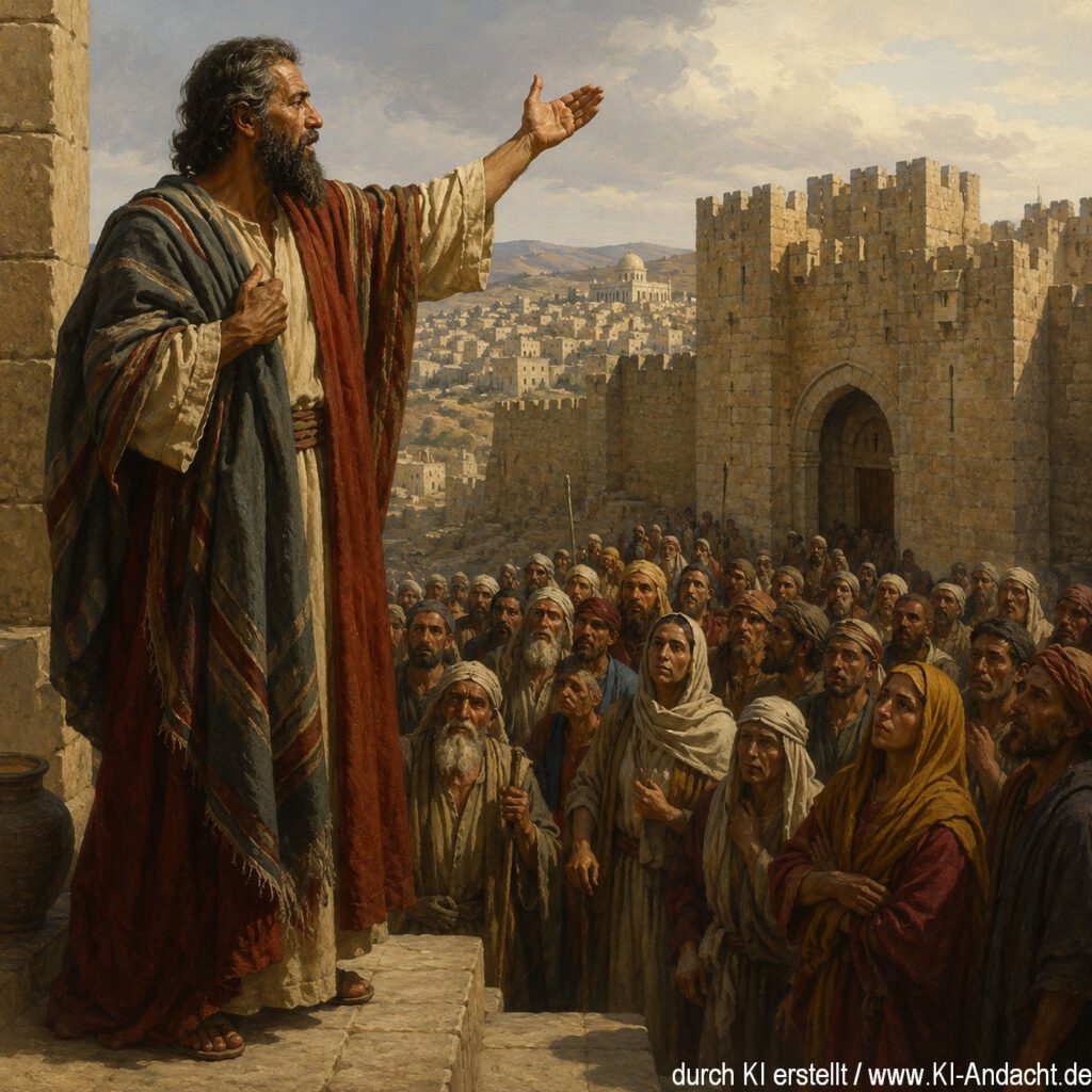 Der Prophet Jeremia verkündet Gottes Wort vor den Toren Jerusalems, ChatGPT