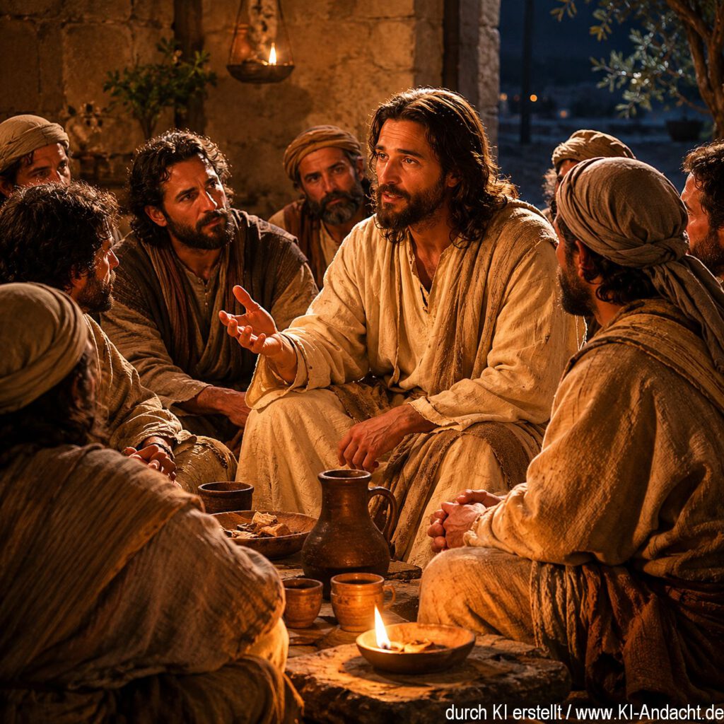 Jesus sitzt mit seinen Jüngern nach dem letzten Abendmahl zusammen, ChatGPT