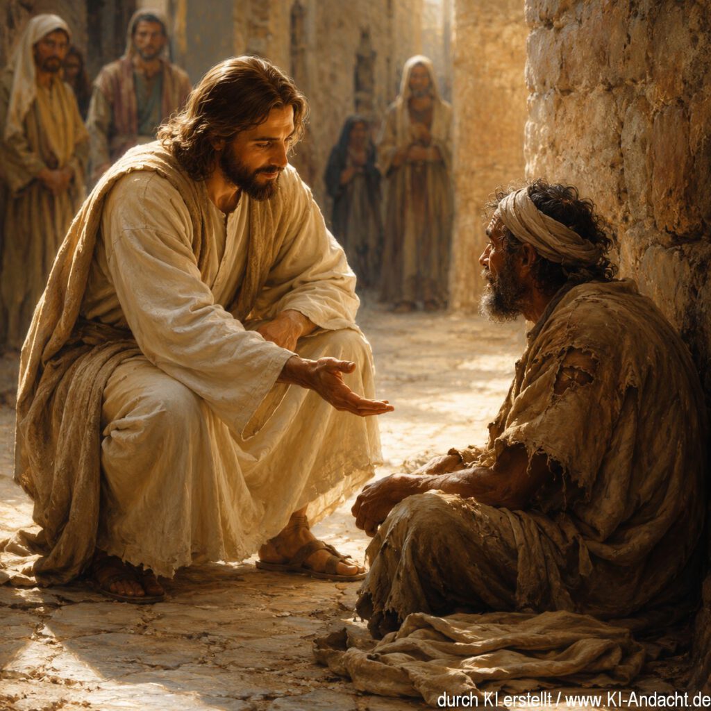 Jesus begegnet einem ausgegrenzten Menschen mit liebevollem Blick und ausgestreckter Hand, ChatGPT